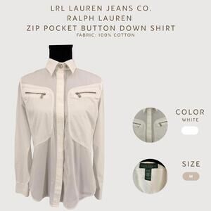 LRL Lauren Jeans Co Ralph Lauren White Zip Pocket Button Down Shirt Cotton M